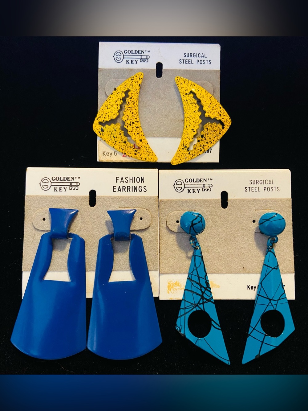 Vintage 80s Lot 3 pair Statement Earrings Costume Dangle Surgical Steel Post NOS